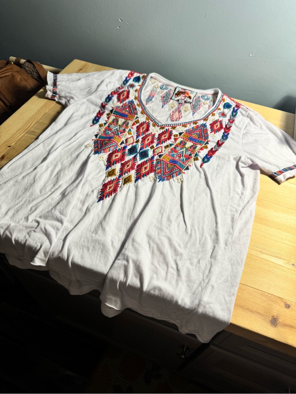 JOHNNY WAS Embroidered V-Neck White Women’s Top with Multicolor Aztec Stitching - Picture 6 of 11